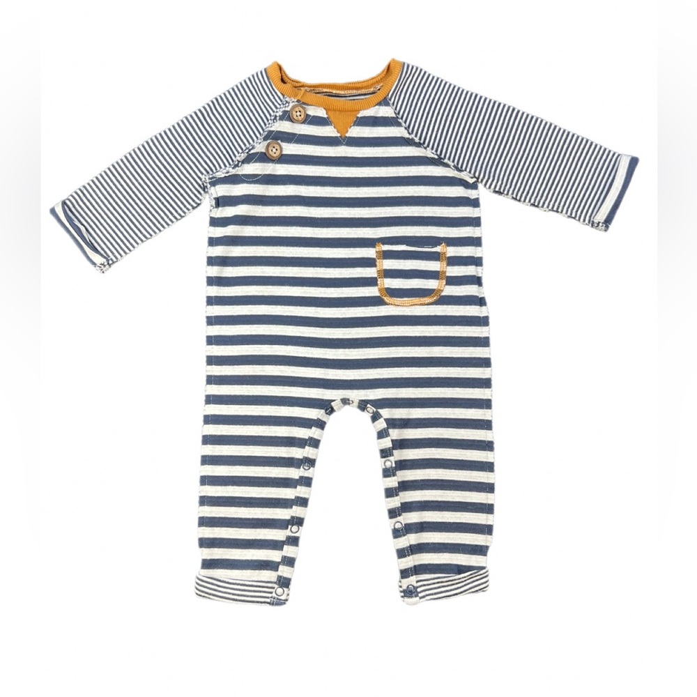 MUD PIE Raw Hem Ultra Soft One Piece Baby Boy Striped Romper- 6-9M